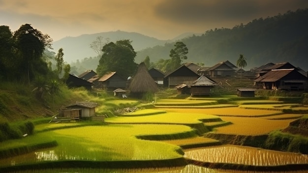 A village in the mountains with a cloudy sky