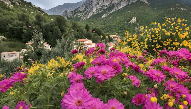 a village in the mountains with flowers and mountains in the background