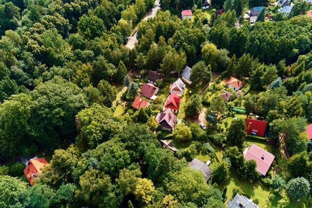 Village in mountains with forest aerial view mountain landscape