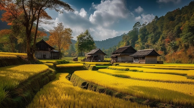 A village in the mountains with a golden field and a cloudy sky