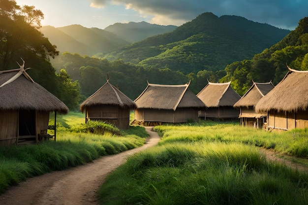 A village in the mountains with a green field and a road leading to it