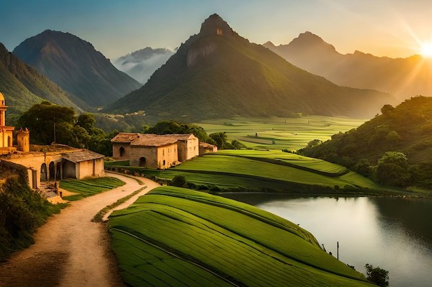 A village in the mountains with a lake in the foreground