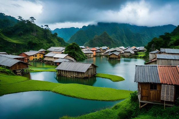 A village in the mountains with a lake in the middle