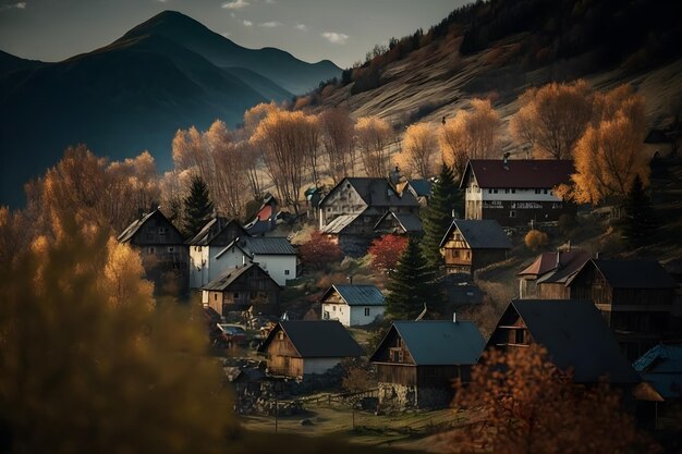 Foto un villaggio in montagna con una montagna sullo sfondo