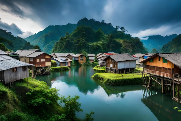 背景に山がある山の村