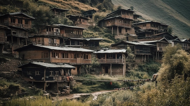 A village in the mountains with a mountain in the background
