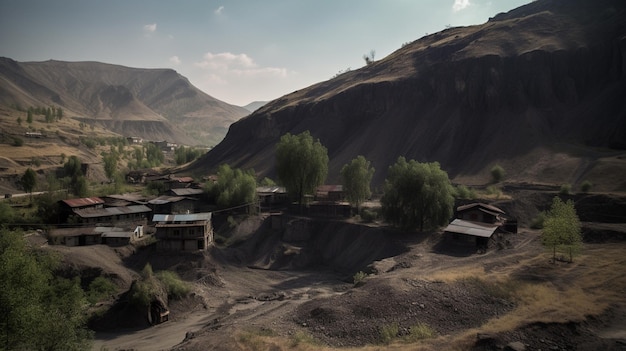 A village in the mountains with a mountain in the background