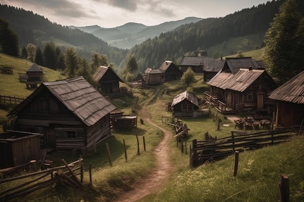 A village in the mountains with a path leading to it