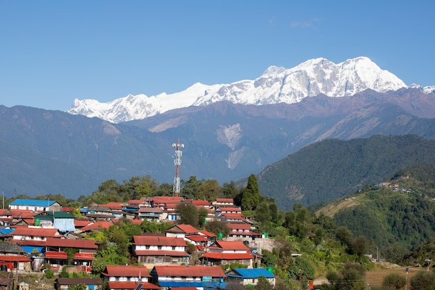 A village in the mountains with snow on the roof