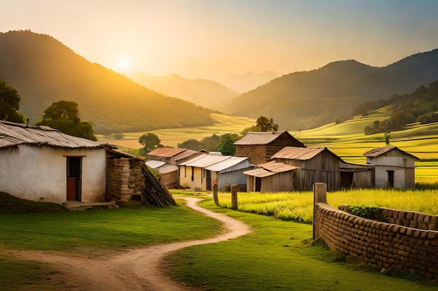 A village in the mountains with the sun setting behind it