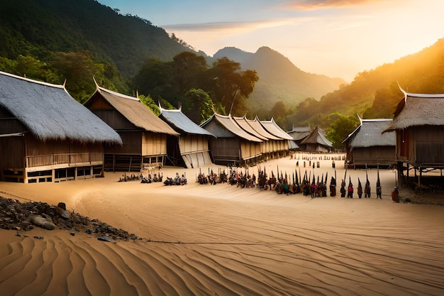 A village in the mountains with a sunset in the background