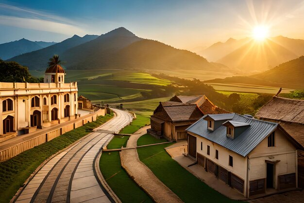 A village in the mountains with a sunset in the background