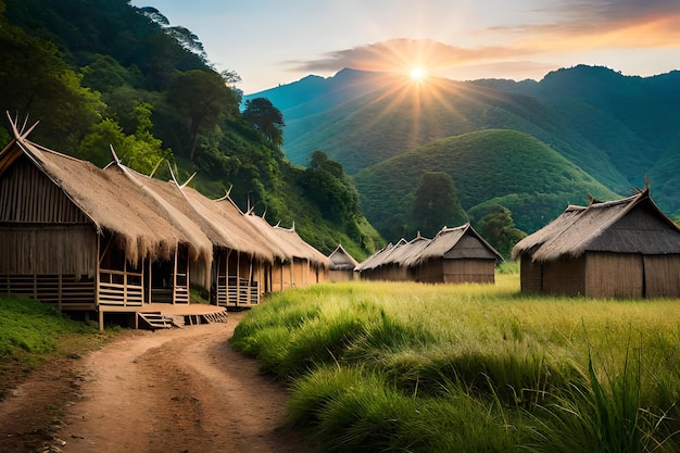 A village in the mountains with a sunset in the background