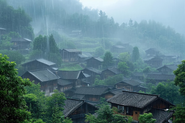 A village nestled amidst the dense foliage of a rainsoaked forest A picturesque village getting soaked in torrential rain AI Generated