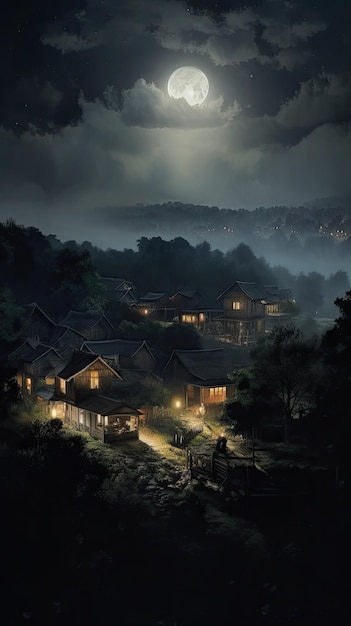 Village at night under the full moon adopts photo realism technology AI Generated