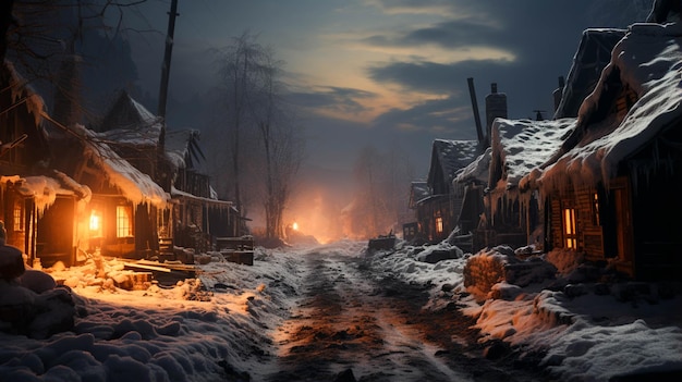 Village and orange street lights covered in heavy snow
