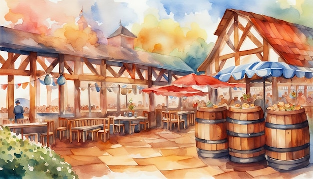 village party on octoberfest watercolor illustration