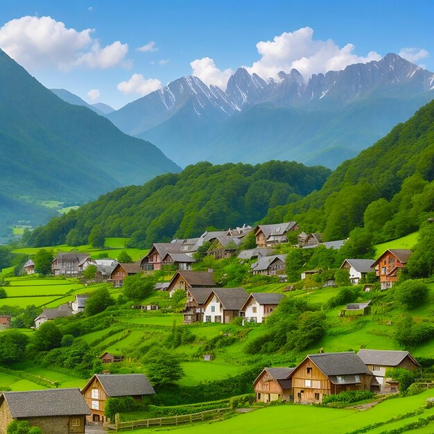 Premium AI Image | A village of quaint cottages nestled in a lush green  valley in the background generated by AI