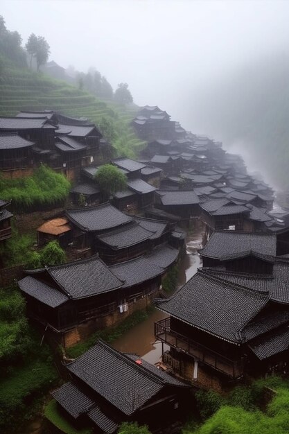 雨の中の村