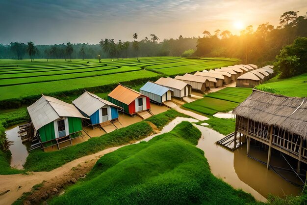 A village in the rice fields at sunset