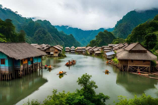 ラオスの川沿いの村