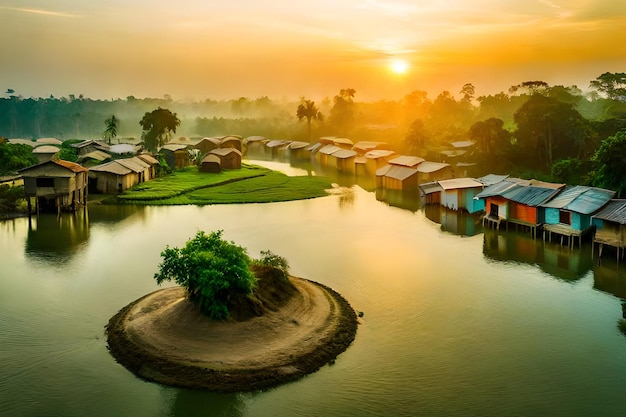 Premium AI Image | a village on the river at sunset