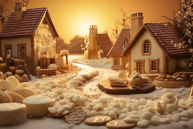 village scene made of milk honey and biscuits