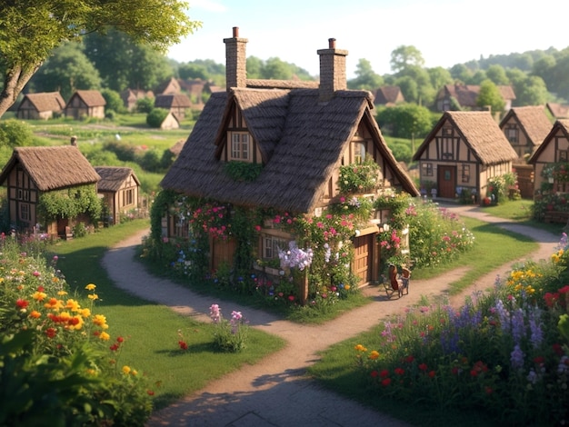 A village scenery with beautiful flowers and nature village weather