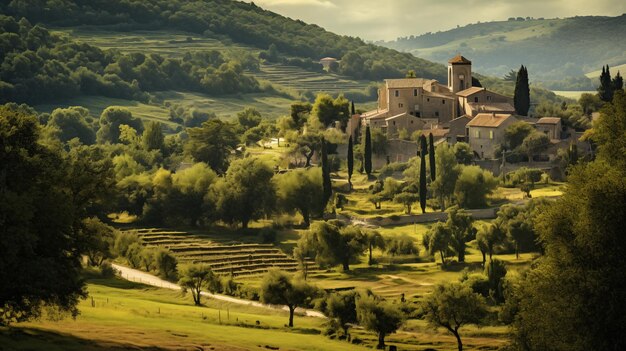 Foto serenity stone village e gli alberi verdi wide view