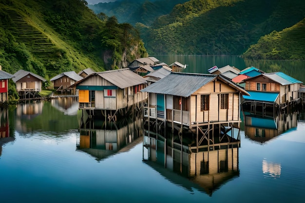 A village on the water with a lake in the background