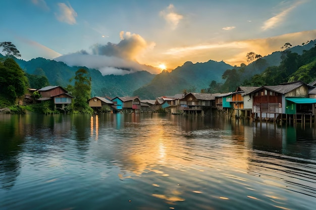 山を背景にした水辺の村