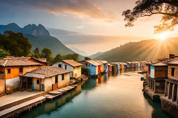 A village on the water with the sun setting behind it