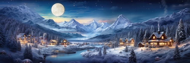 Village in winter on Christmas landscape of mountains moon and snow generative AI Ski resort town with river in evening lights Theme of travel fairy tale nature and New Year holiday