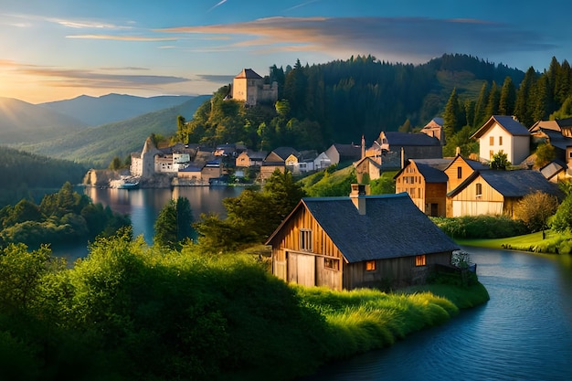 A village with a castle in the background