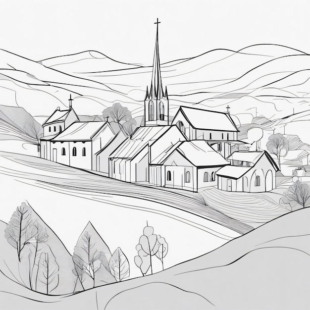 写真 教会の村の連続的な一線アート絵画スタイル