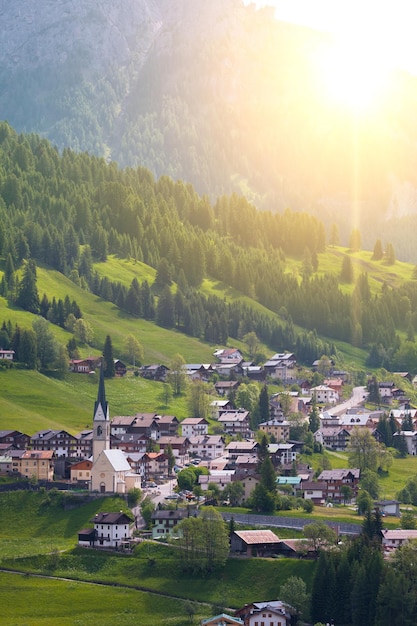 Village with a church  at the valley of the Austrian Alps