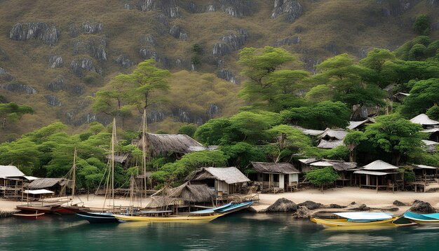 a village with a few boats on the water and a mountain in the background