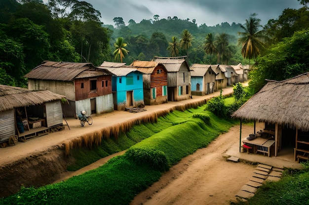 a village with houses and a bicycle on the front.