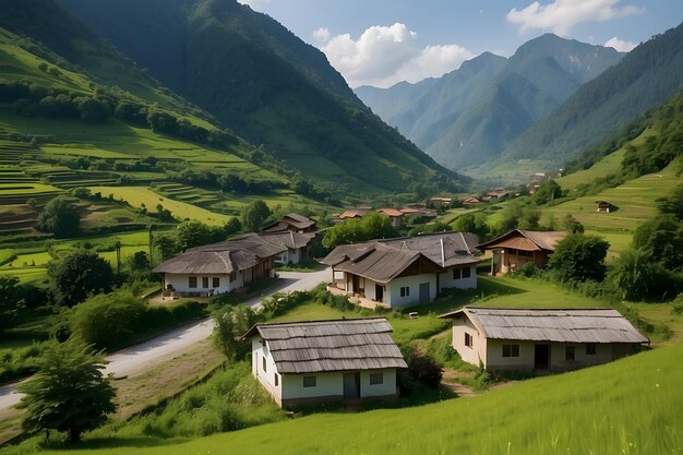 a village with houses in the middle of the mountains