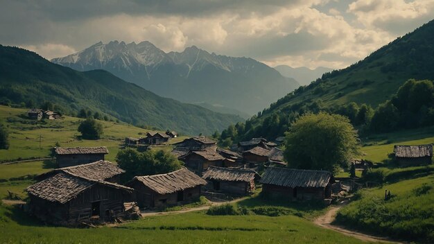 a village with houses and mountains in the background