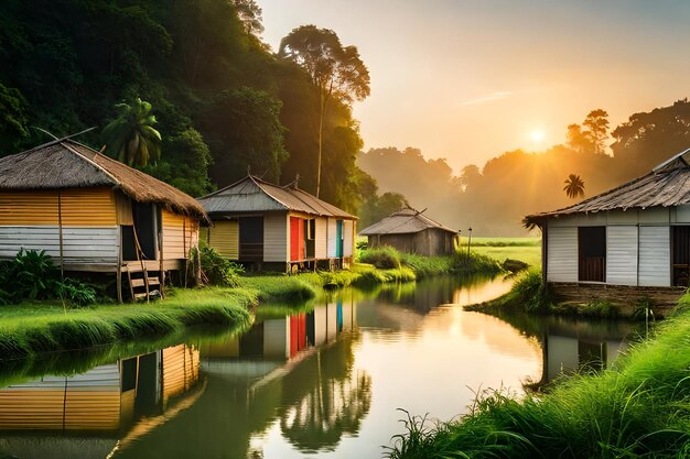 A village with houses on the river bank