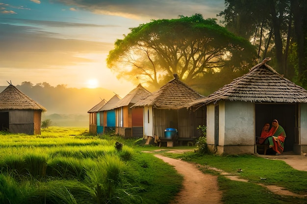 a village with huts in the background