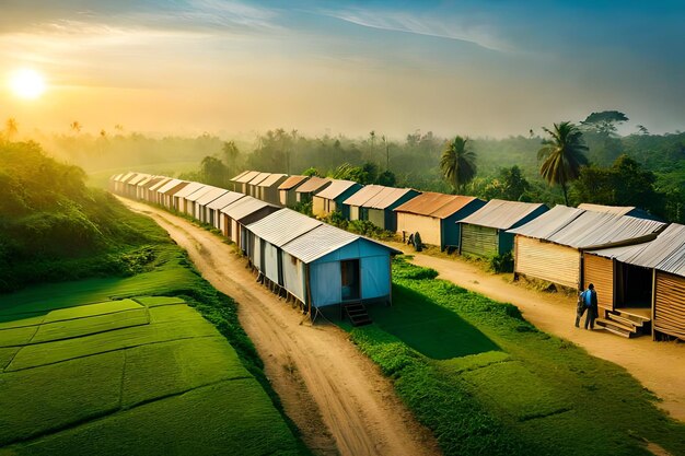 a village with huts and a sunset in the background