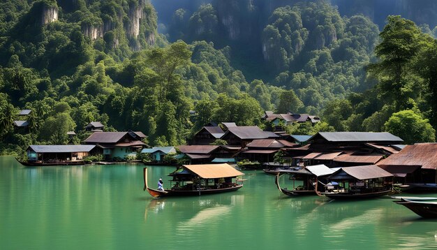 Photo a village with a man on the roof of it