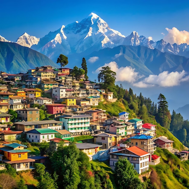 a village with a mountain in the background