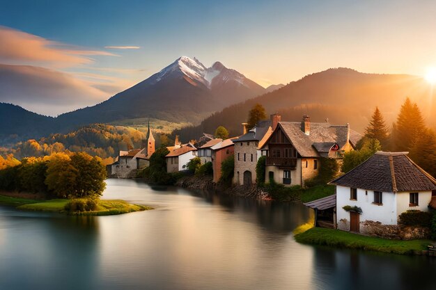 A village with a mountain in the background