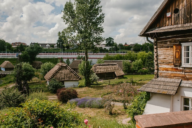 Village with old houses with a straw roof