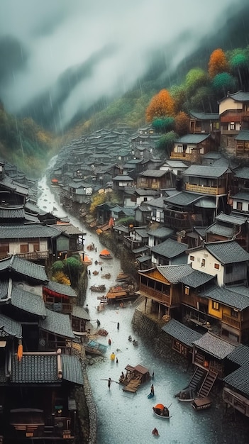 A village with a river in the foreground and a bridge in the background.