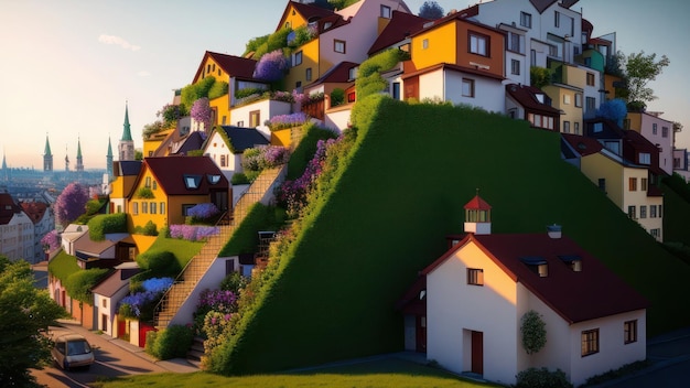 A village with a steep hill and a house on the top