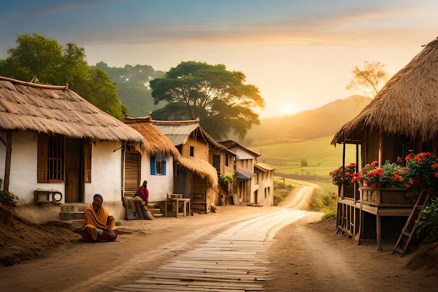 Photo a village with a sunset in the background